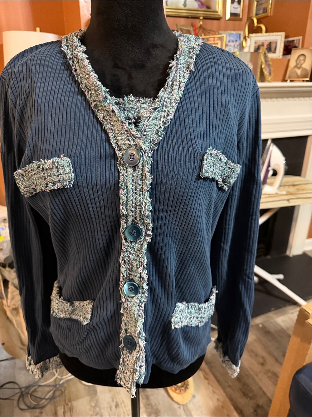 2pc Doncaster Women's Teal Ribbed Cardigan with Tweed Trim with Tank